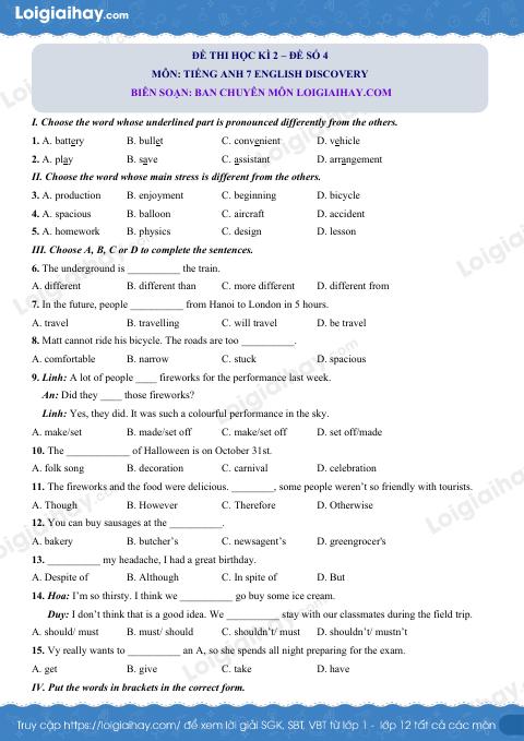 Đề thi học kì 2 Tiếng Anh 7 English Discovery - Đề số 4